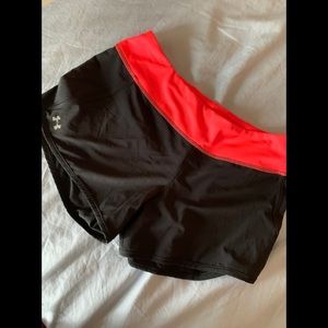 under armor shorts with bright orange trim